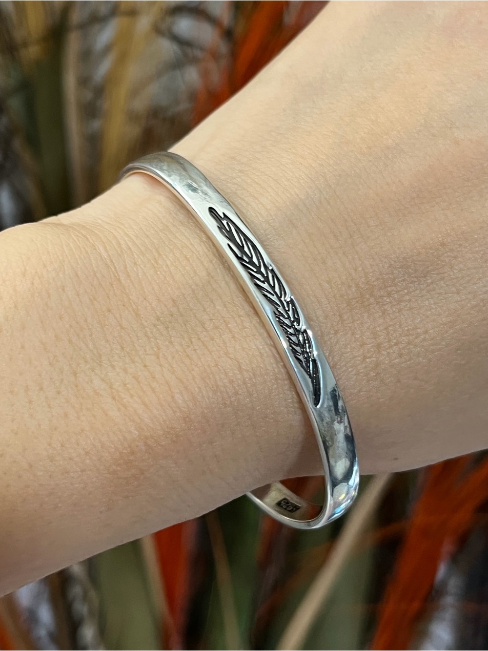 S925 Silver long leaf bangle cuff Bracelet